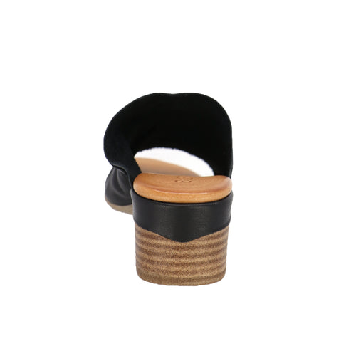 Back view of a black, heeled sandal.