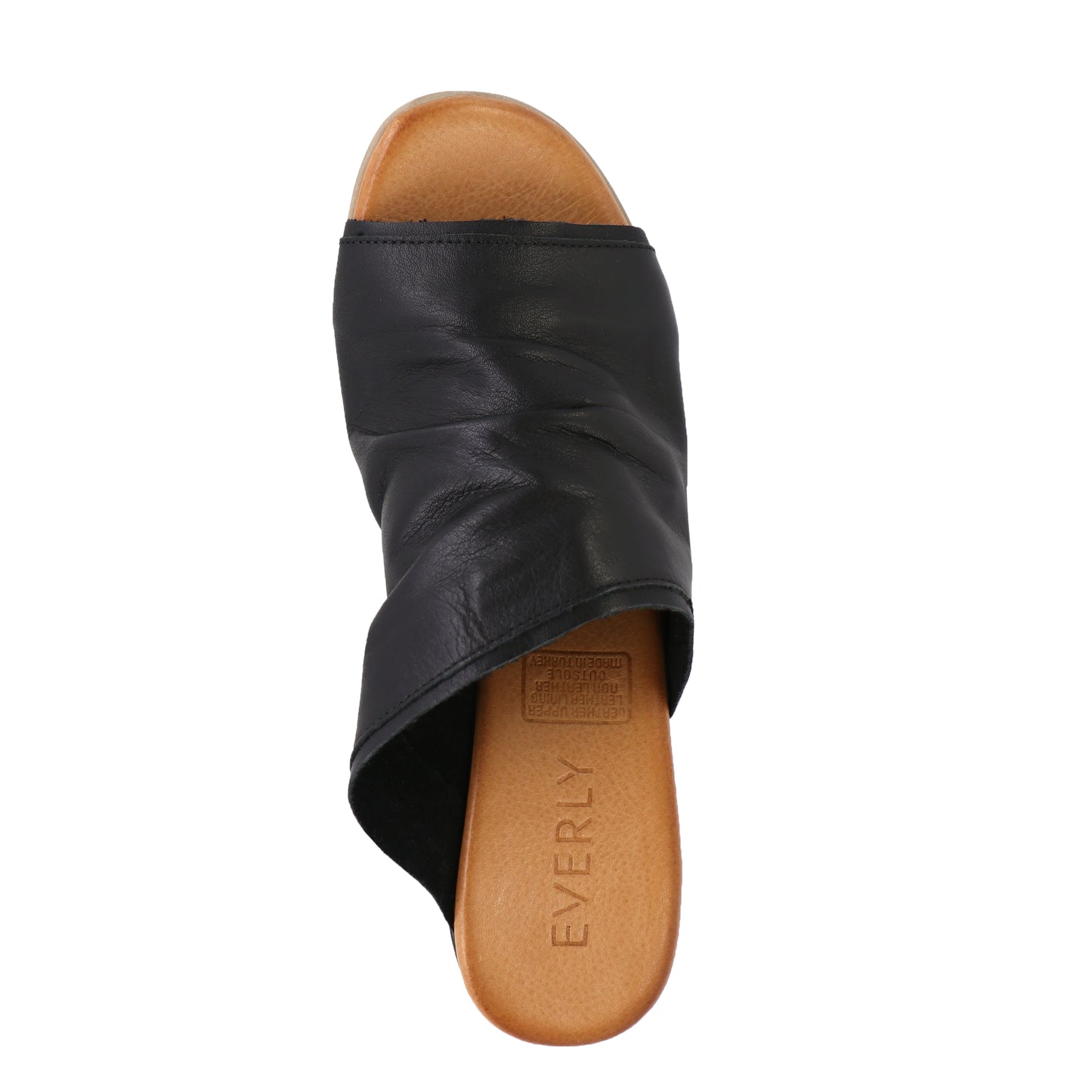 top-down view of a black leather sandal with an open toe and a wooden sole, showcasing the brand name "EVERLY" on the insole