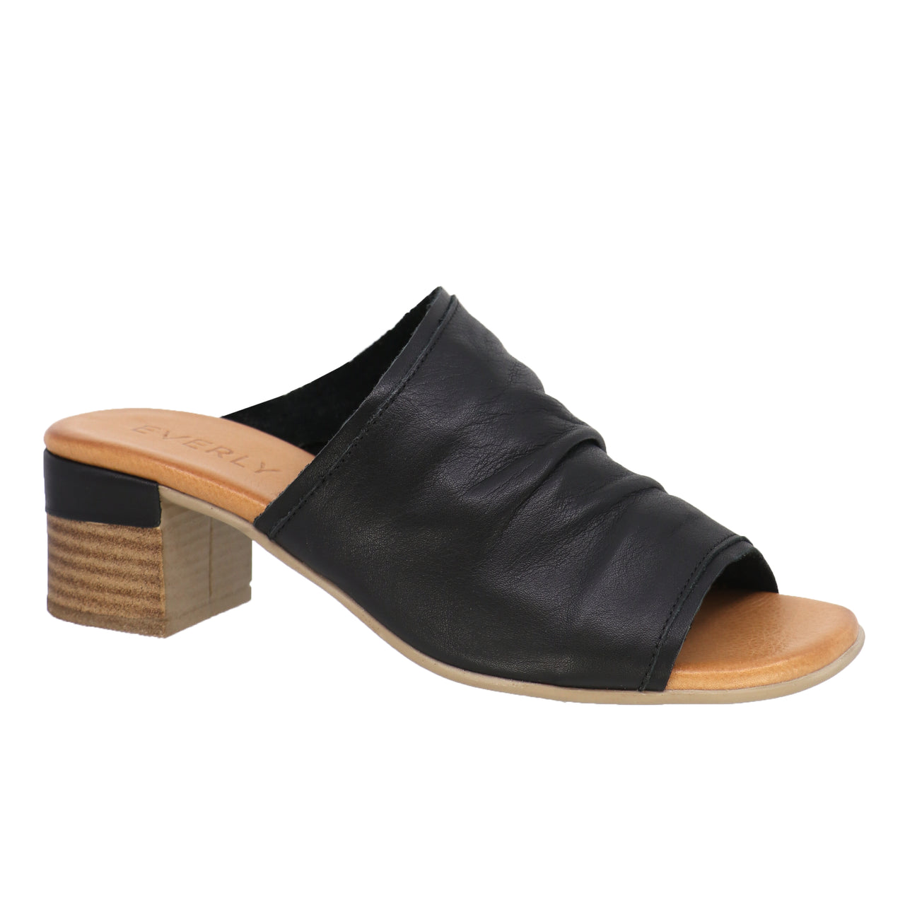 Black leather mule sandal with block heel.