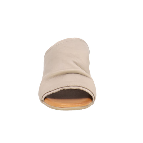 Beige open-toed heeled slide.