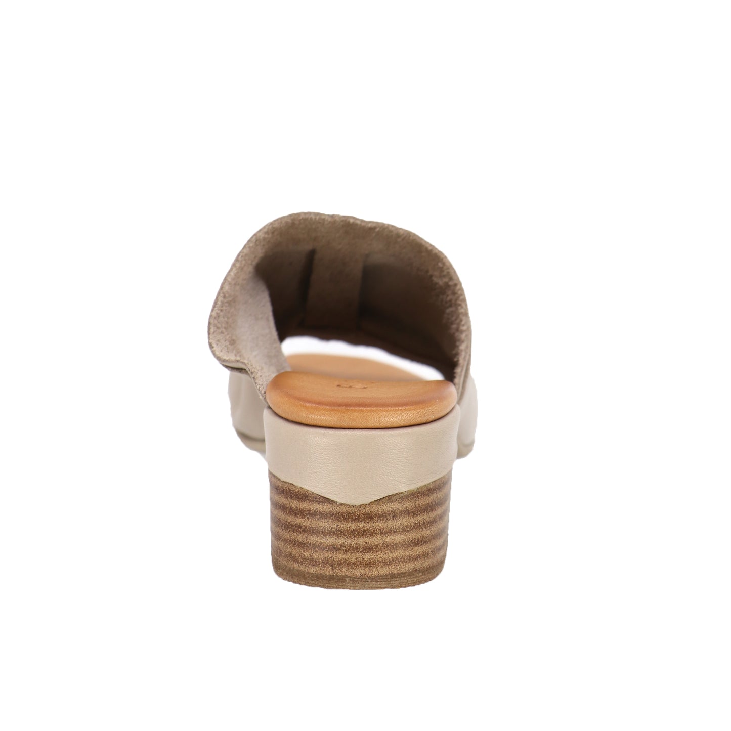 Beige low-heel mule showing back detail with textured heel.