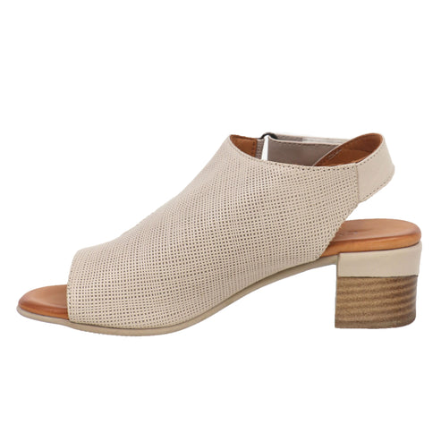 Beige heeled peep-toe mule with an ankle strap.