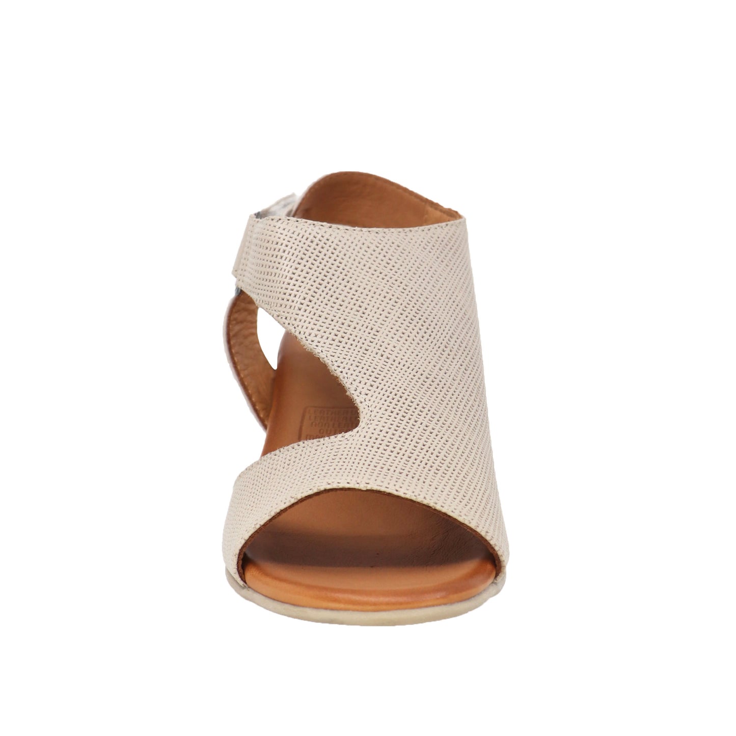 Beige open-toe heeled sandal with asymmetrical cut-out.