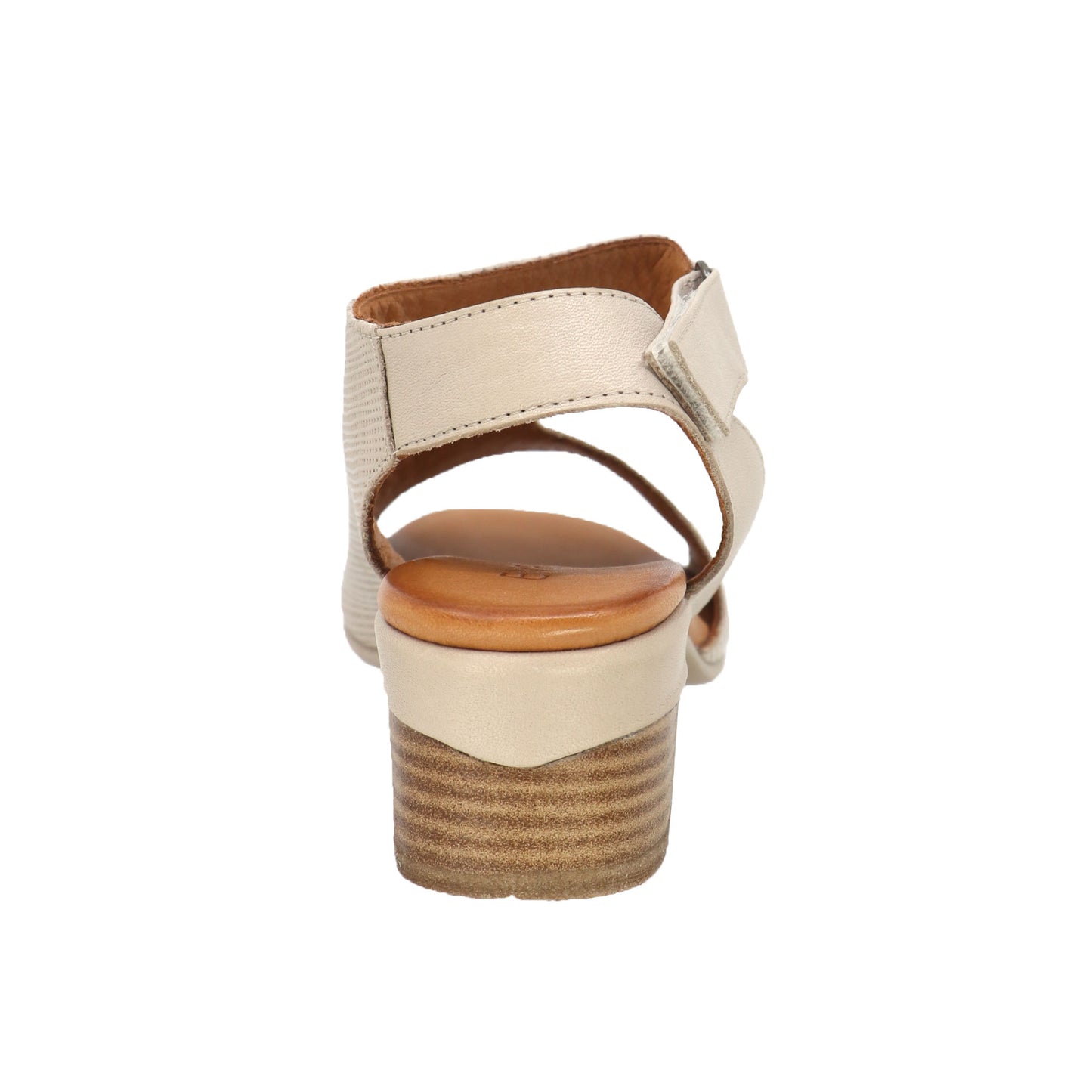 Beige heel sandal featuring a round open toe, a block heel, and an ankle strap with Velcro closure.