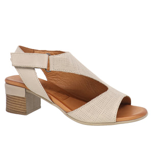 A beige block-heeled sandal with a textured upper and adjustable ankle strap.