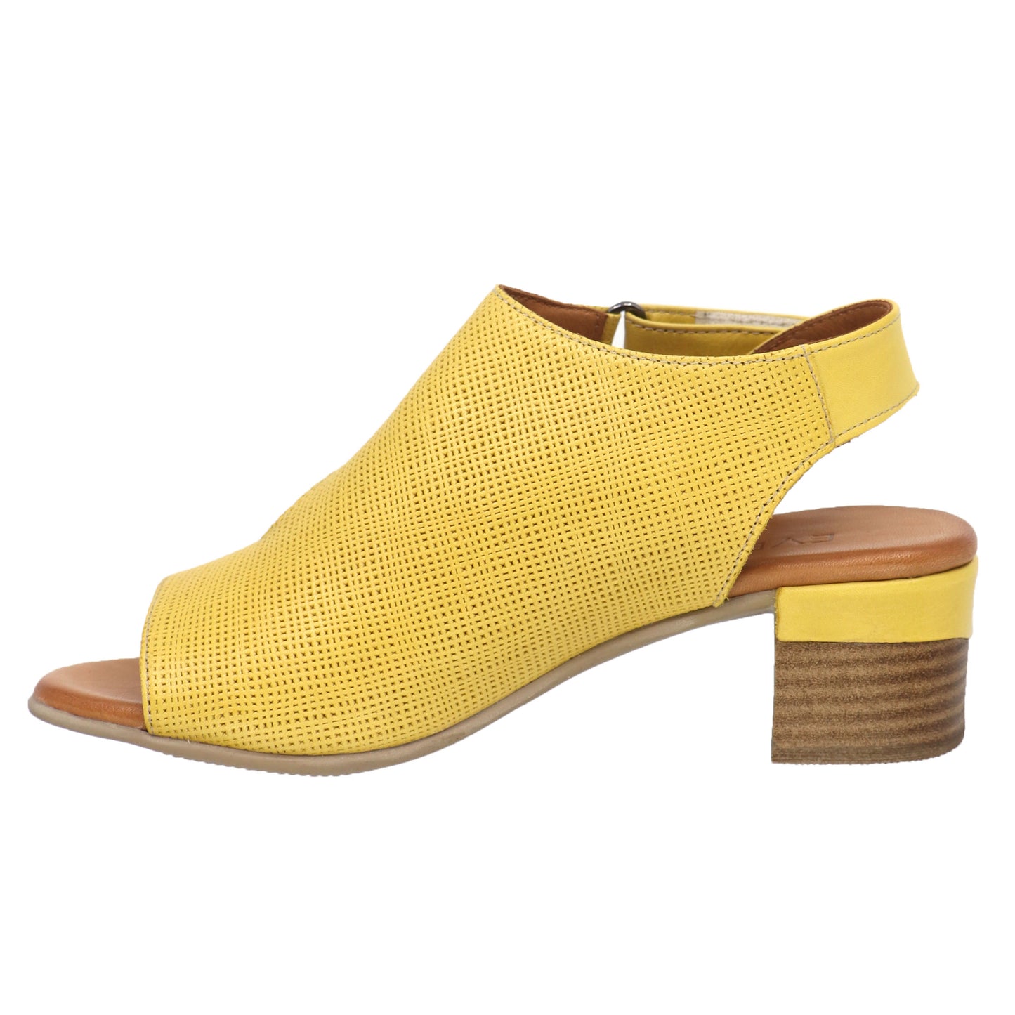 A yellow peep-toe heeled sandal with an ankle strap.