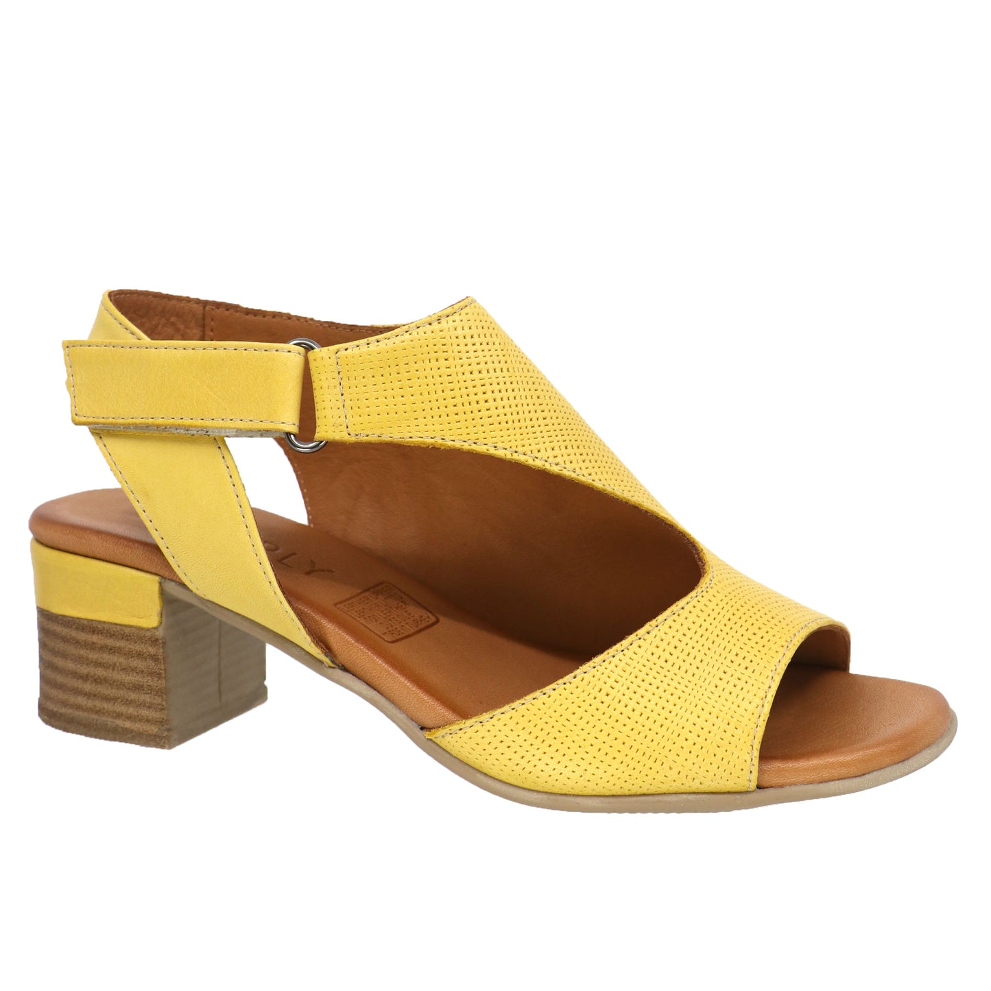 Yellow sandal with a block heel and velcro strap.