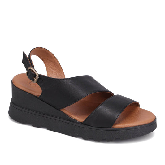 Black wedge sandal with crisscross straps and slingback.