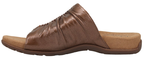 A brown slide sandal with gathered details across the vamp.