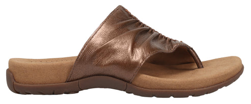Bronze-colored sandal with toe post and gathered leather-like upper.