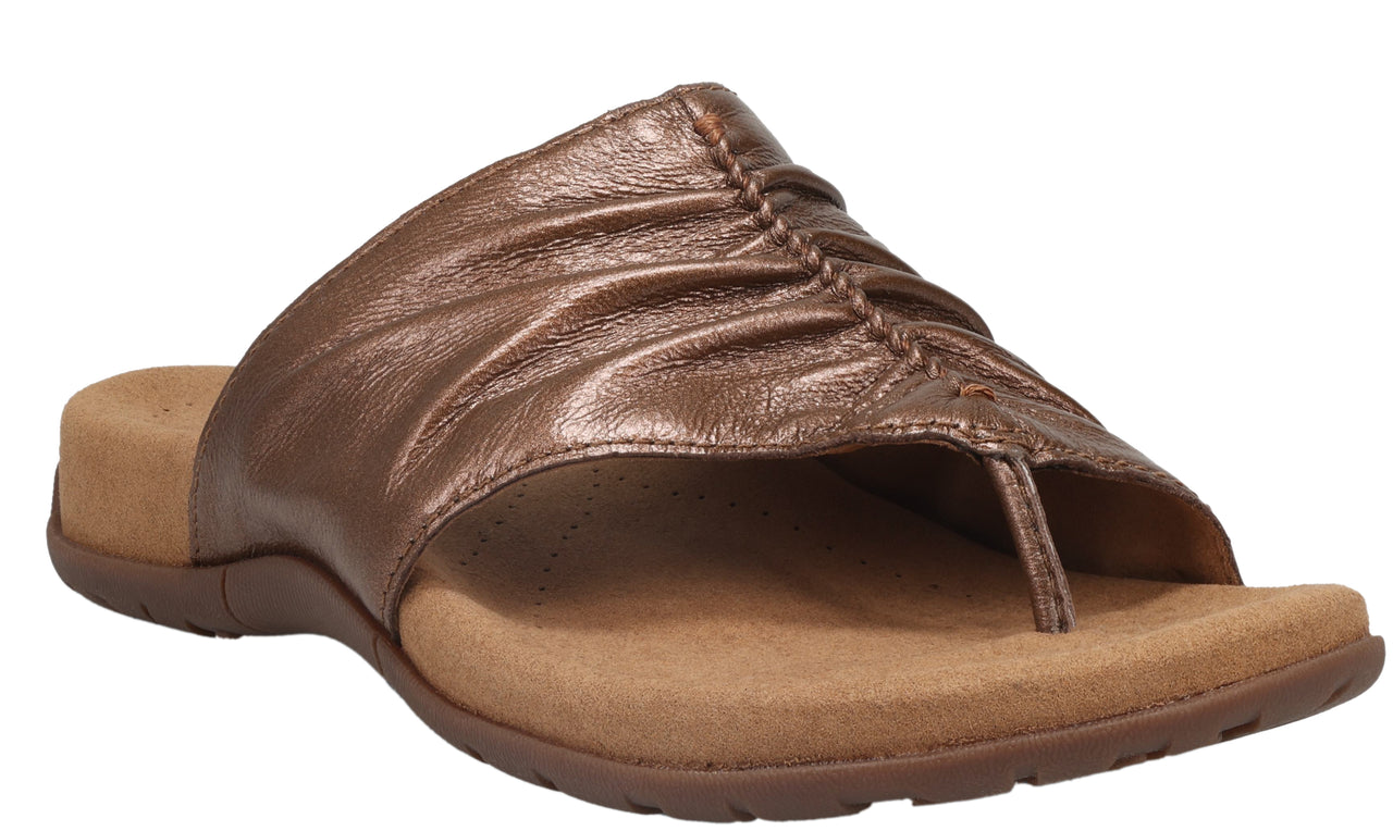 Copper-colored leather sandal with toe post and gathered vamp.