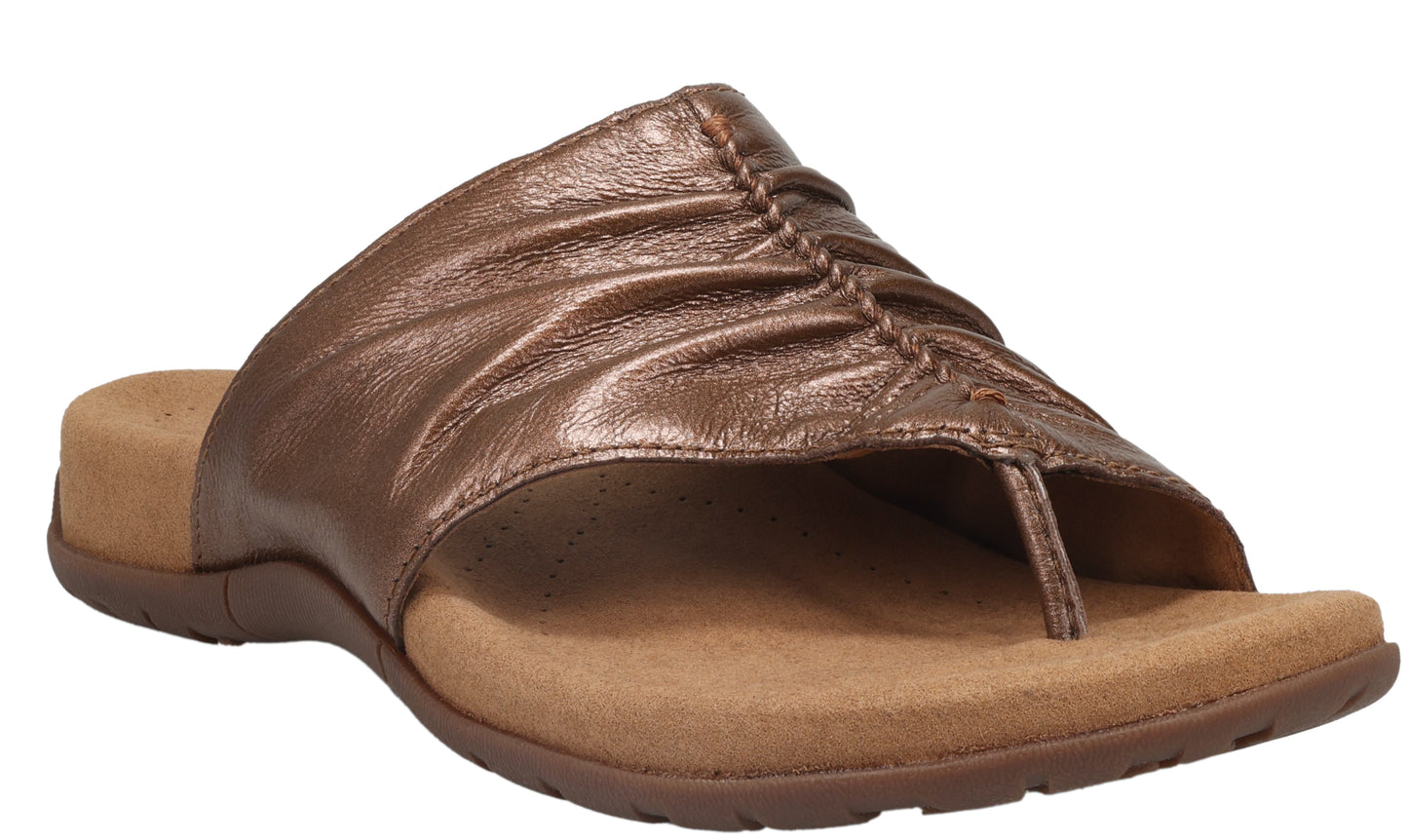 Copper-colored leather sandal with toe post and gathered vamp.