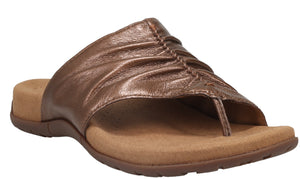 Copper-colored leather sandal with toe post and gathered vamp.