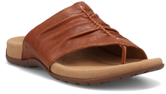 Brown leather sandal with thong and ruched upper.
