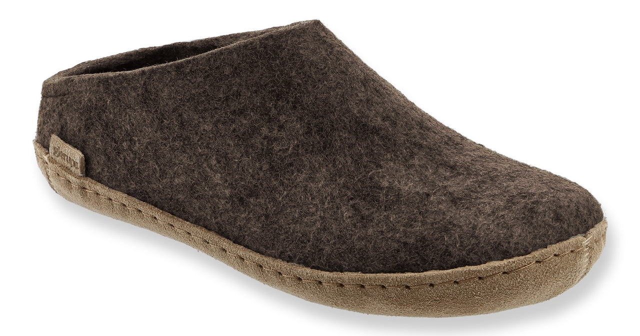 Brown felt slipper with light brown sole.
