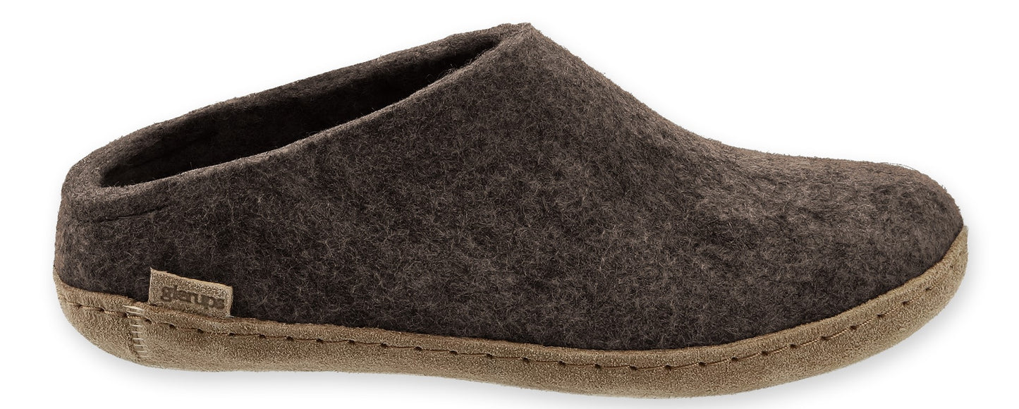 Dark brown wool clog slipper with tan sole.