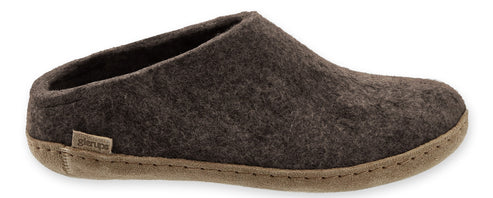 Dark brown wool clog slipper with tan sole.