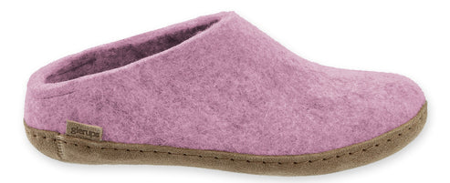 A mauve slipper with a brown sole.