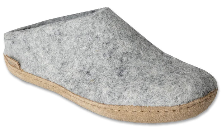 Gray felt slipper with tan sole.
