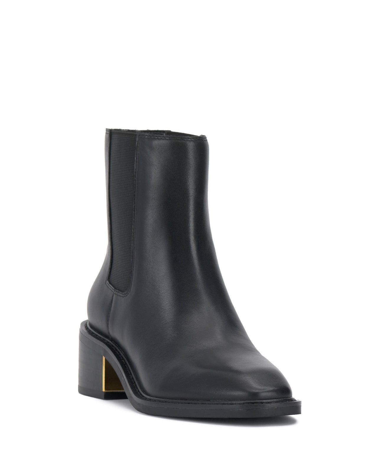 Black leather ankle boot with gold heel