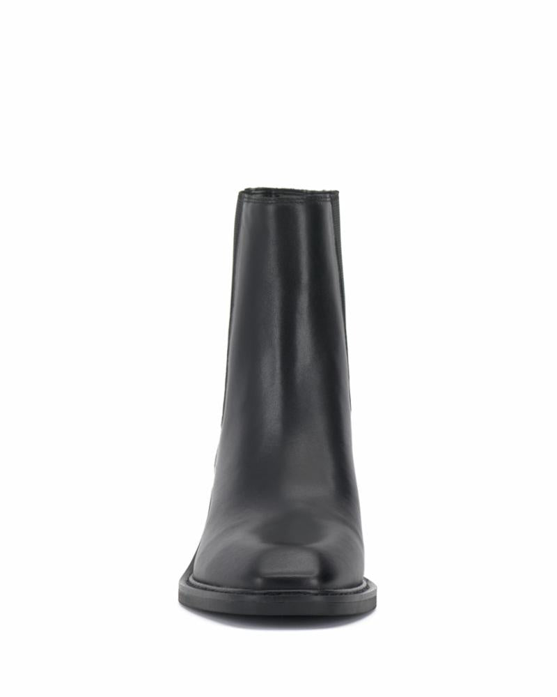 Black leather chelsea boot with a square toe and elastic side panels.
