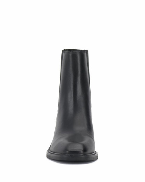 Black leather chelsea boot with a square toe and elastic side panels.