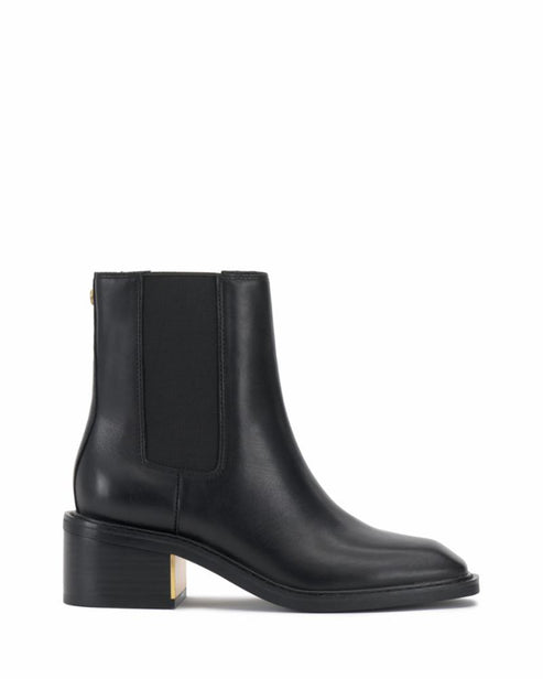 Black leather ankle boot with a block heel and square toe.