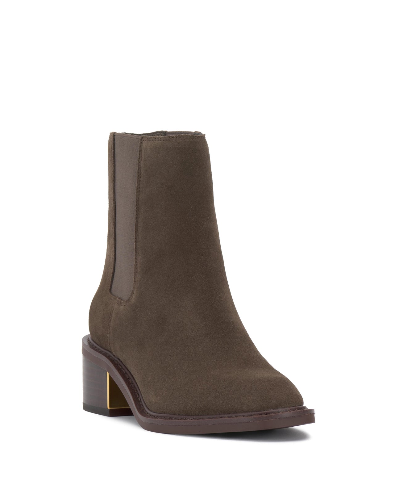 Olive-green, ankle-high, pull-on boot with elastic side panels and a dark-brown block heel with gold accent.