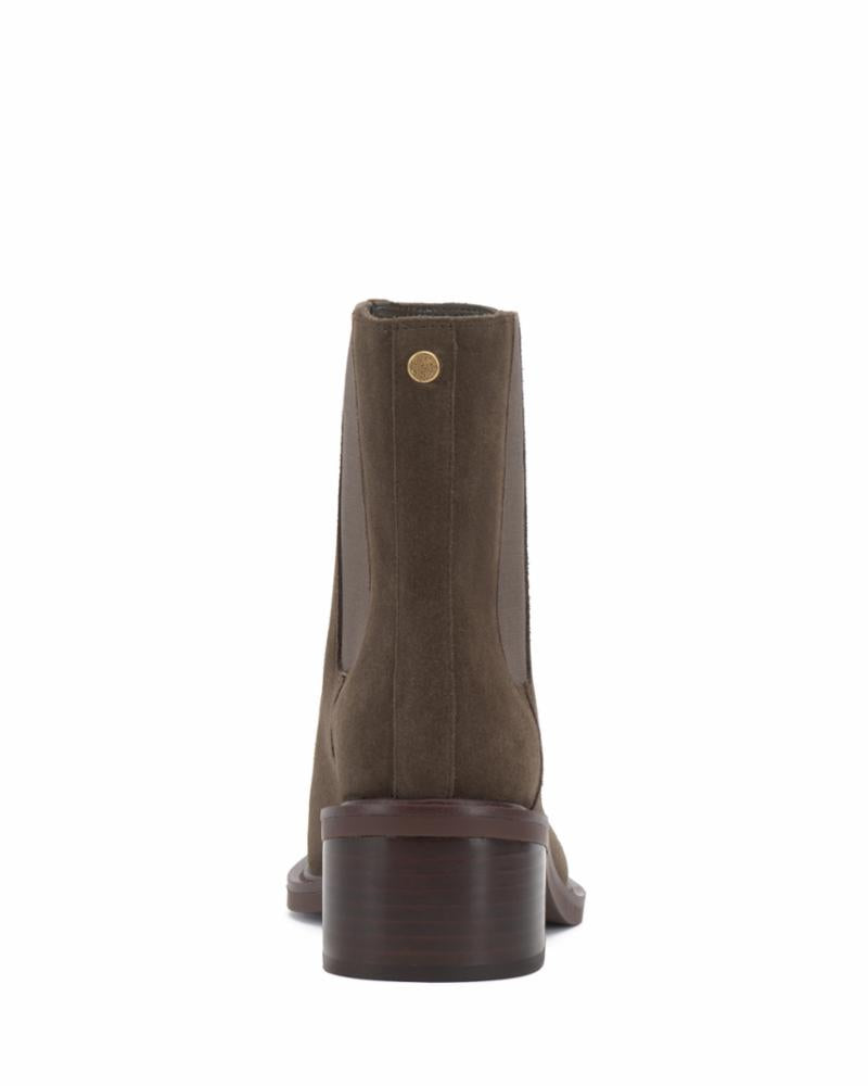 Back view of olive-green ankle boot with a rounded toe and a chunky heel.
