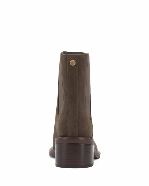 Back view of olive-green ankle boot with a rounded toe and a chunky heel.