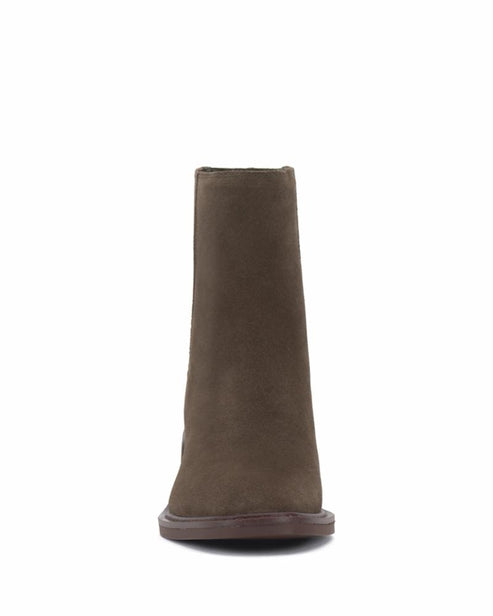 Olive green suede leather ankle boot.
