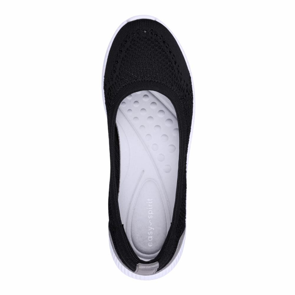 Black knit ballet flat with white sole, insole shows 'easy spirit' branding.