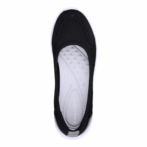 Black knit ballet flat with white sole, insole shows 'easy spirit' branding.