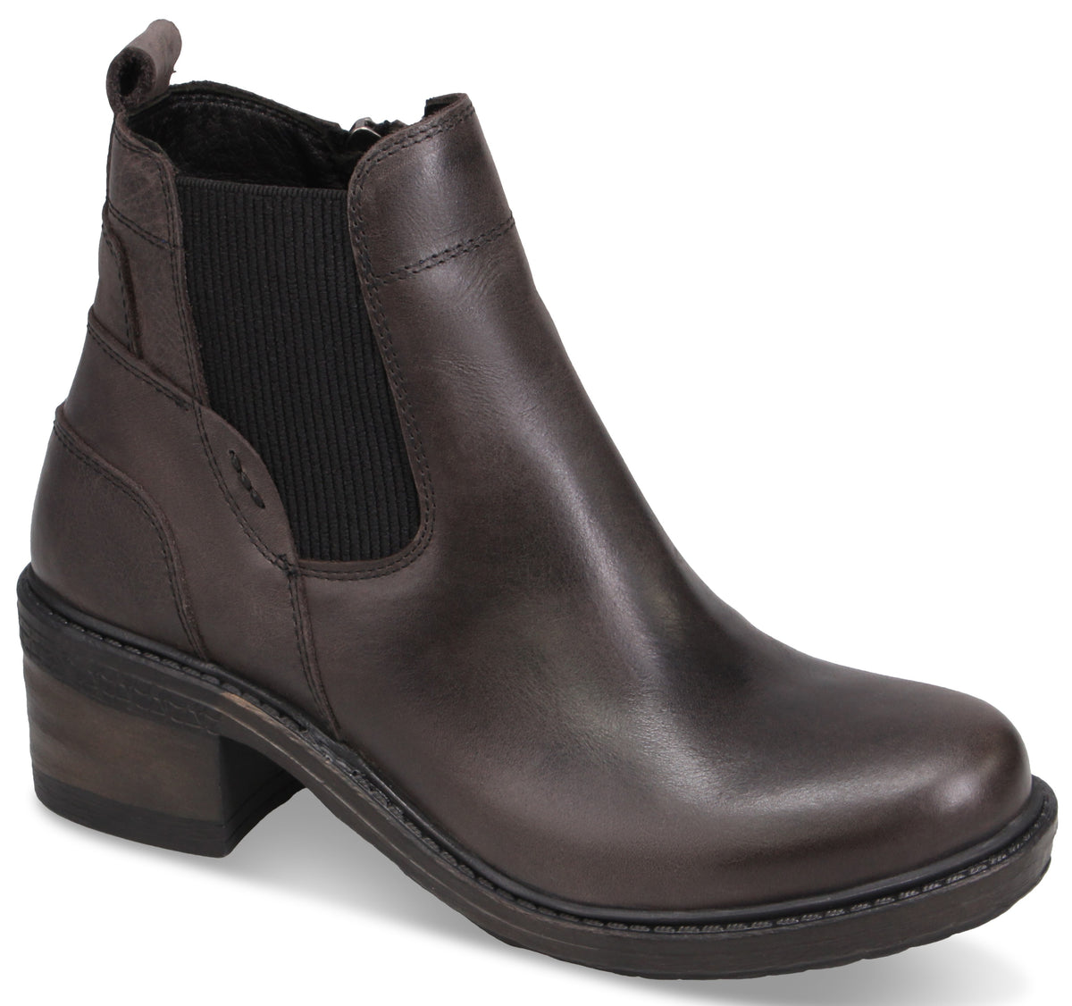 A dark brown leather Chelsea-style ankle boot with a block heel, a rounded toe, and an elastic side gusset.