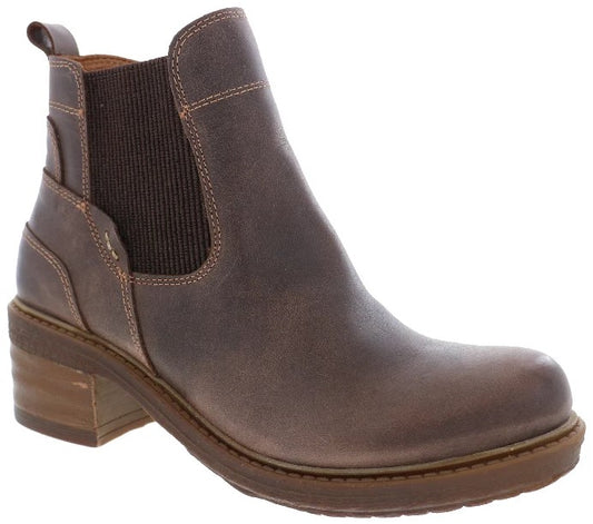 A brown leather ankle boot with a block heel, a rounded toe, and dark brown elastic side panels for a Chelsea style design.