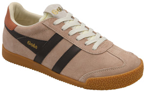 Low-top sneaker with a brown sole, a beige suede body with black stripes and white laces