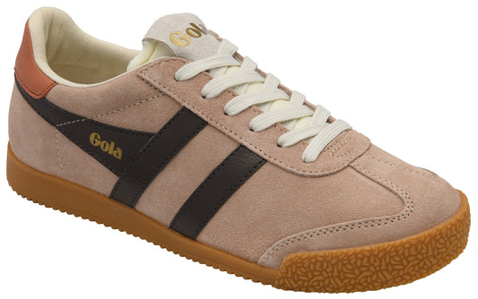 Low-top sneaker with a brown sole, a beige suede body with black stripes and white laces