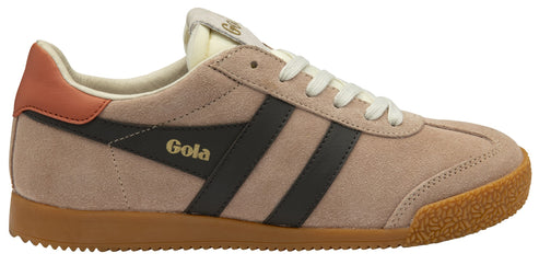 A suede shoe with brown stripes and a brown heel.