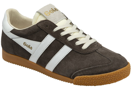 Brown suede sneaker with white stripes and gum sole.