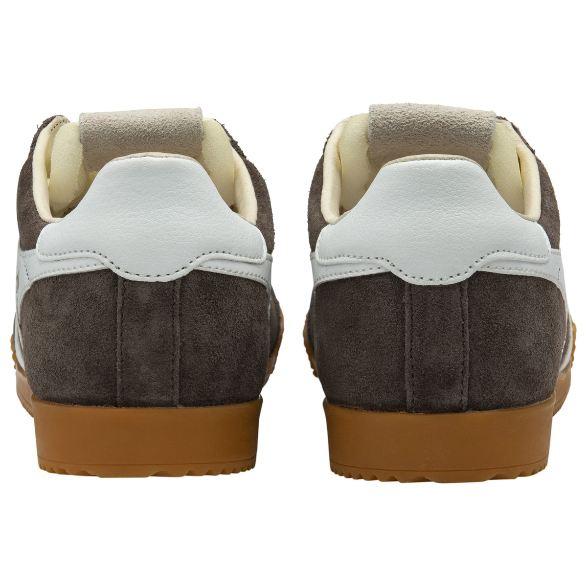 Rear view of brown suede sneakers with gum soles and white accents.