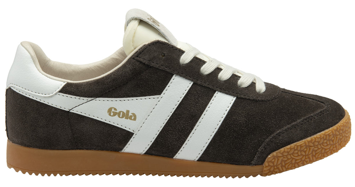 Brown suede athletic shoe with white stripes and laces, gum sole.