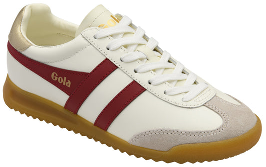 Low-top sneaker, white leather upper, red side stripes, tan sole.