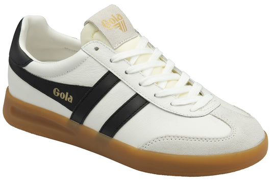 White sneaker with black stripes and brown sole.