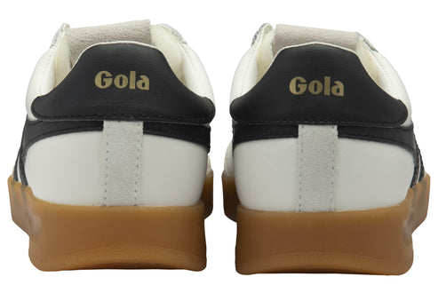 Back view of white sneakers with a black heel featuring the word 'Gola' in gold lettering and a tan sole.