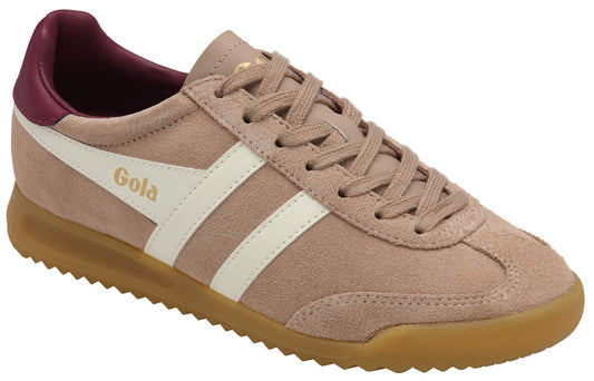 Tan-colored suede sneaker with a white stripe and burgundy heel.