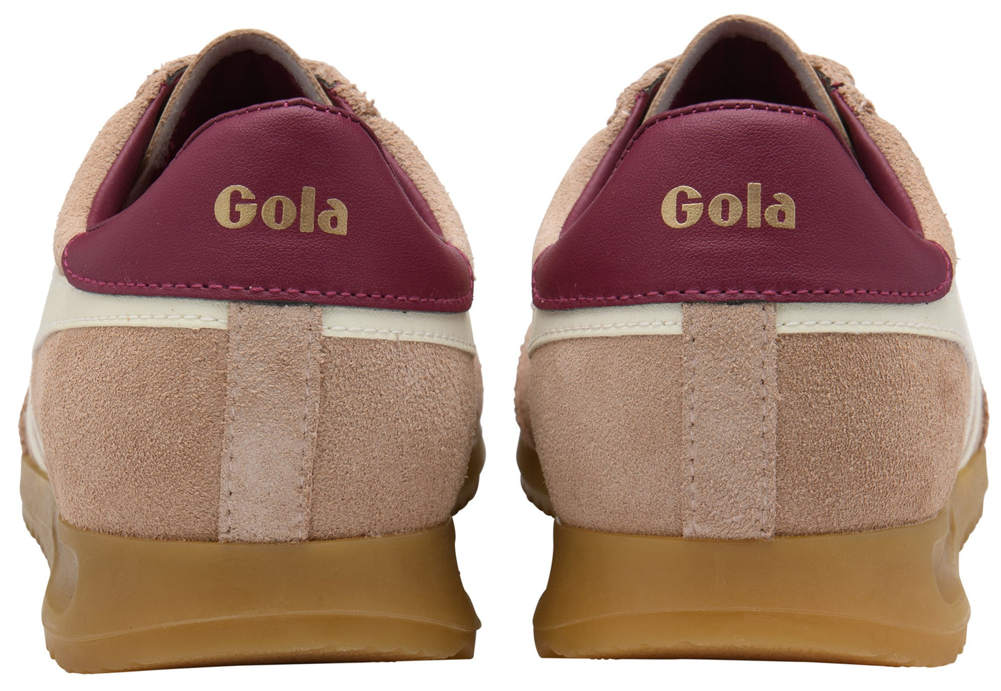 Back view of pink suede sneakers with a gum sole and white and maroon accents, labeled 'Gola'.
