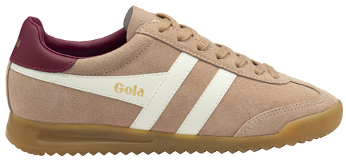 A tan sneaker with a white stripe and a dark red heel.