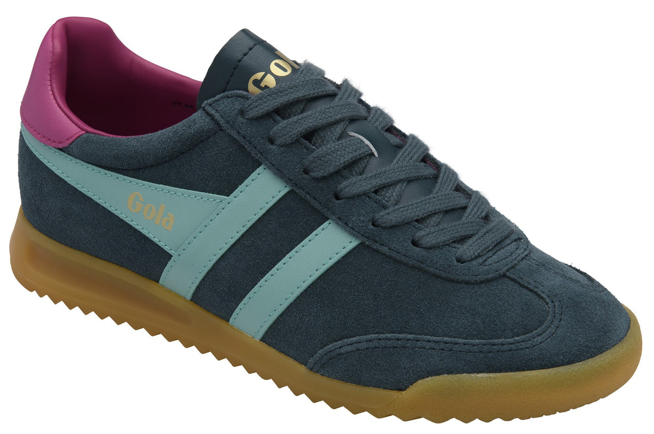 Low-profile dark-gray suede sneaker with mint-green side stripes, tan soles, and pink inner-lining.