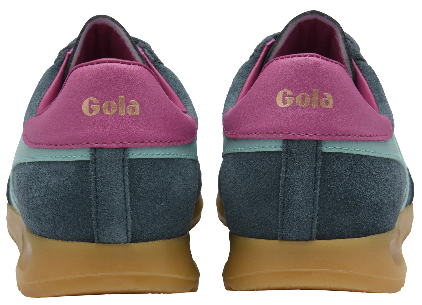 Pair of casual low top sneakers, dark blue suede, pink and light blue accents, rubber sole, "Gola" logo on the pink heel.