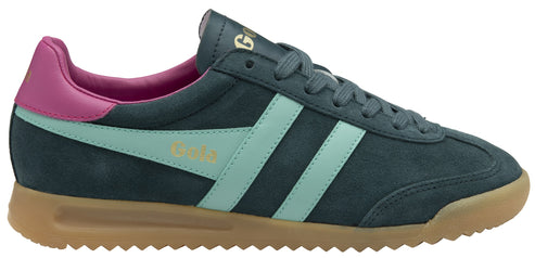 A low-top sneaker with a dark green suede upper, mint green stripes, a brown sole, and a pink heel.